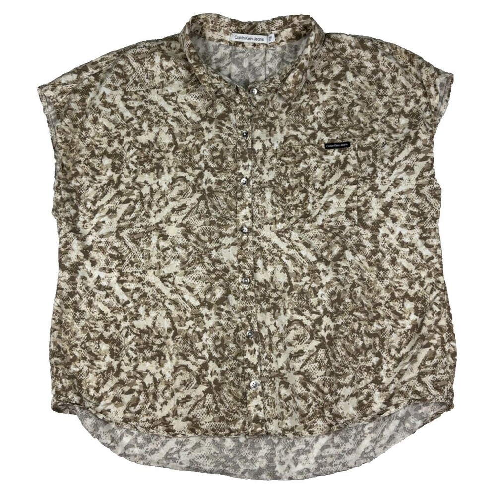 Calvin Klein Jeans Lyocell Camo Snakeskin Wedge Button Down Shirt Women Size XL